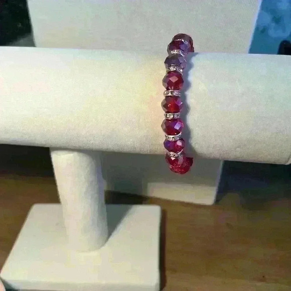 Vintage Stretch Red Glass Beads with Rhinestones - Picture 2 of 4